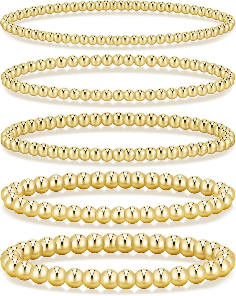17mile Gold Beaded Bracelets for Women, 5 Pcs Dainty 14K Gold Plated Chunky Stretch Bead Ball Bracelet Stack - Image 1